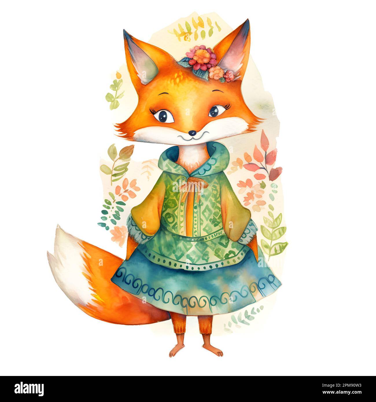 Fox en un vestido boho con flores silvestres. Hierbas de campo. El zorro está aislado sobre un fondo blanco. Animales del bosque. Dibujos animados. Acuarela. Ilustración Foto de stock