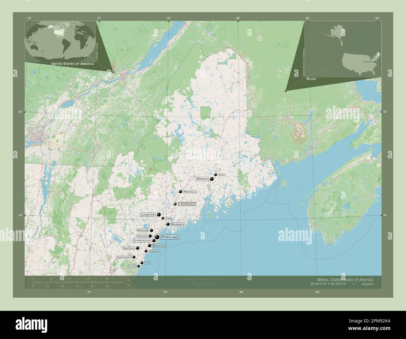 Maine estado de los Estados Unidos de América Abrir Street Map Ubicaciones y nombres de las