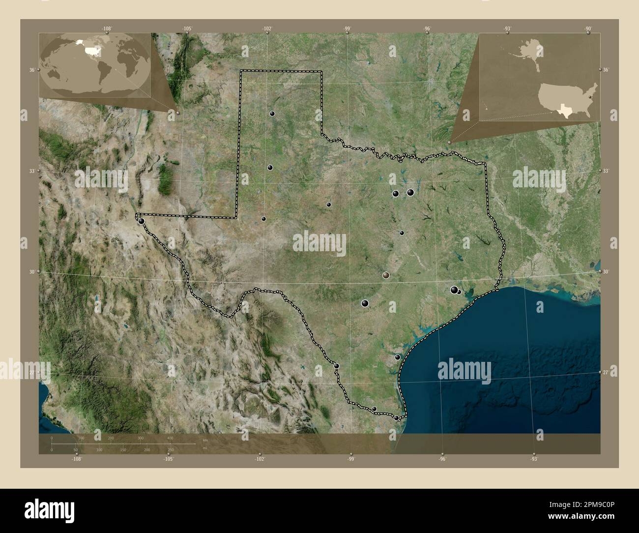 Texas, estado de Estados Unidos de América. Mapa satelital de alta resolución. Ubicaciones de