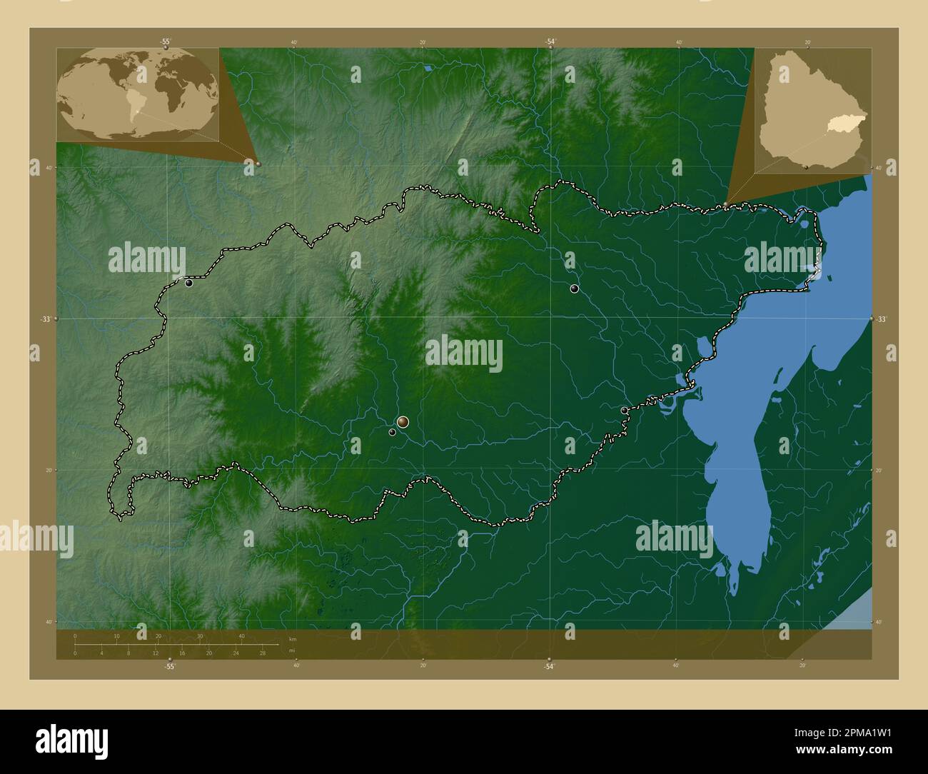 Treinta y Tres, departamento de Uruguay. Mapa de elevación en color con