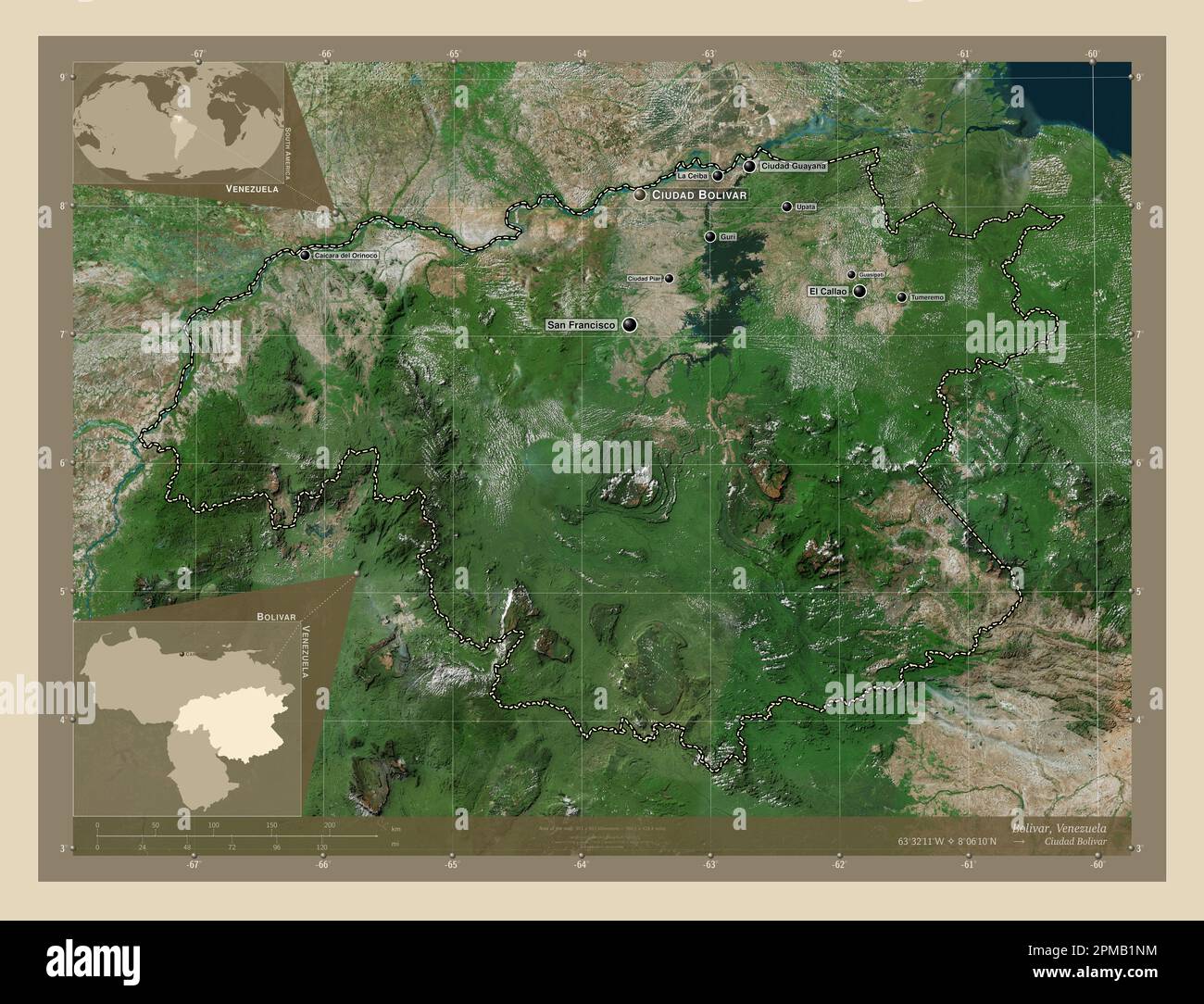 Bolívar, estado de Venezuela. Mapa satelital de alta resolución. Ubicaciones y nombres de las
