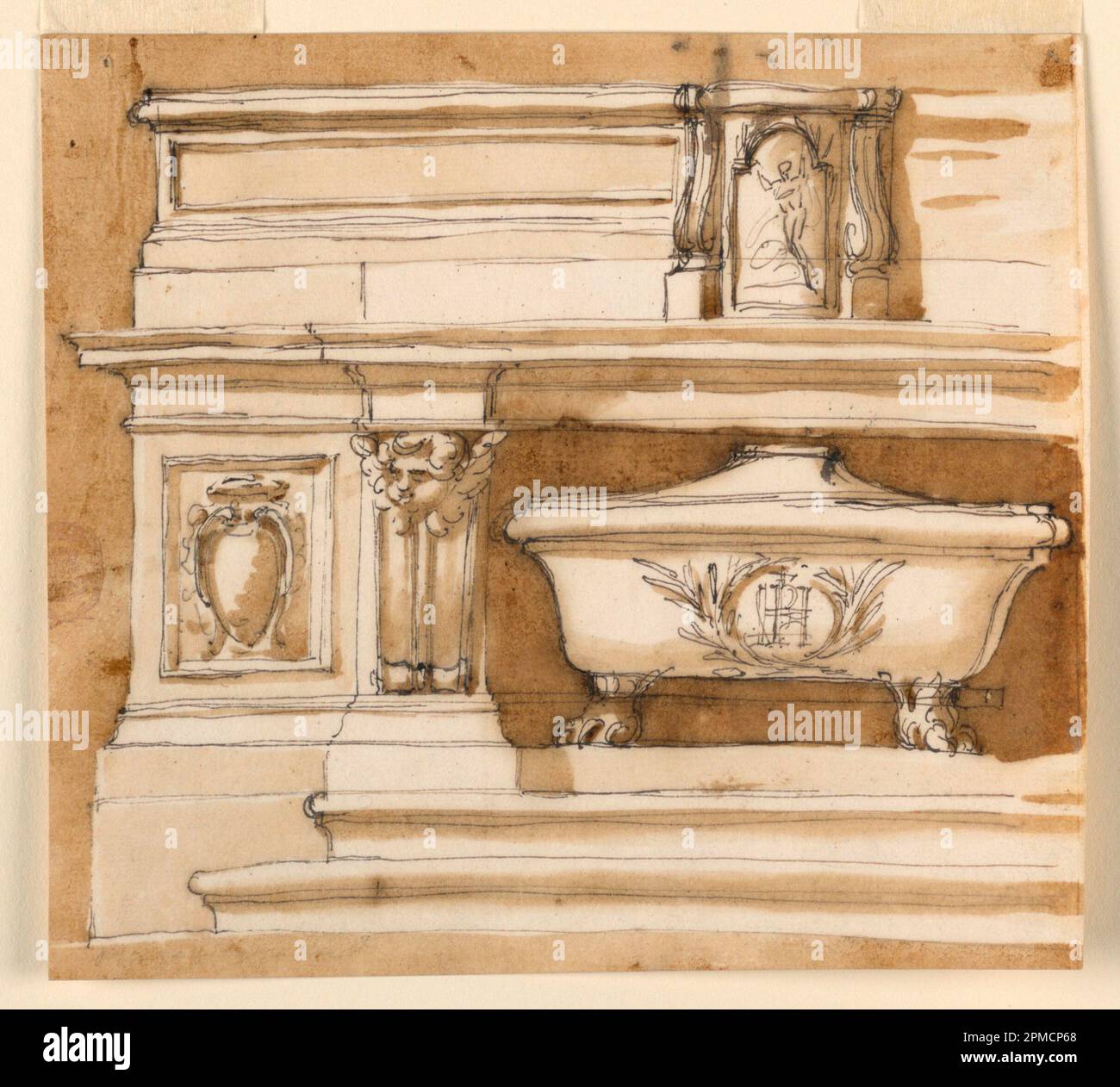 Dibujo, altar; Arquitecto: Giuseppe Barberi (italiano, 1746-1809); Italia; pluma y tinta marrón, pincel y lavado marrón; Imagen: 17,1 x 18,9 cm (6 3/4 x 7 7/16 in) Foto de stock