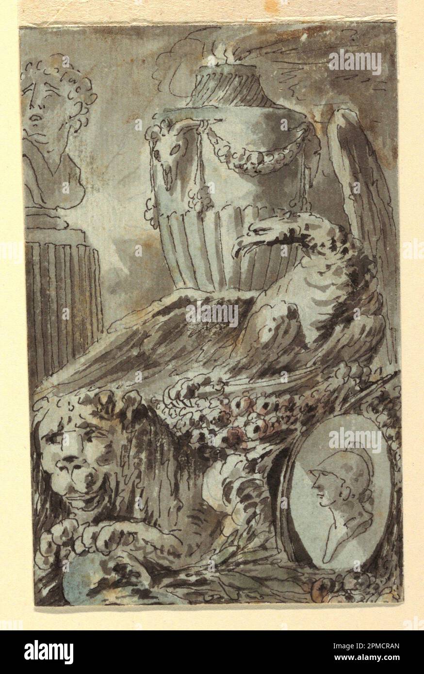 Dibujo, fantasía de la escultura clásica; diseñado por Jean-Charles Delafosse (francés, 1734-1791); Francia; pluma y pincel y tinta negra, lavado, tiza negra sobre papel blanco; 14 x 9 cm (5 1/2 x 3 9/16 pulg.) Foto de stock