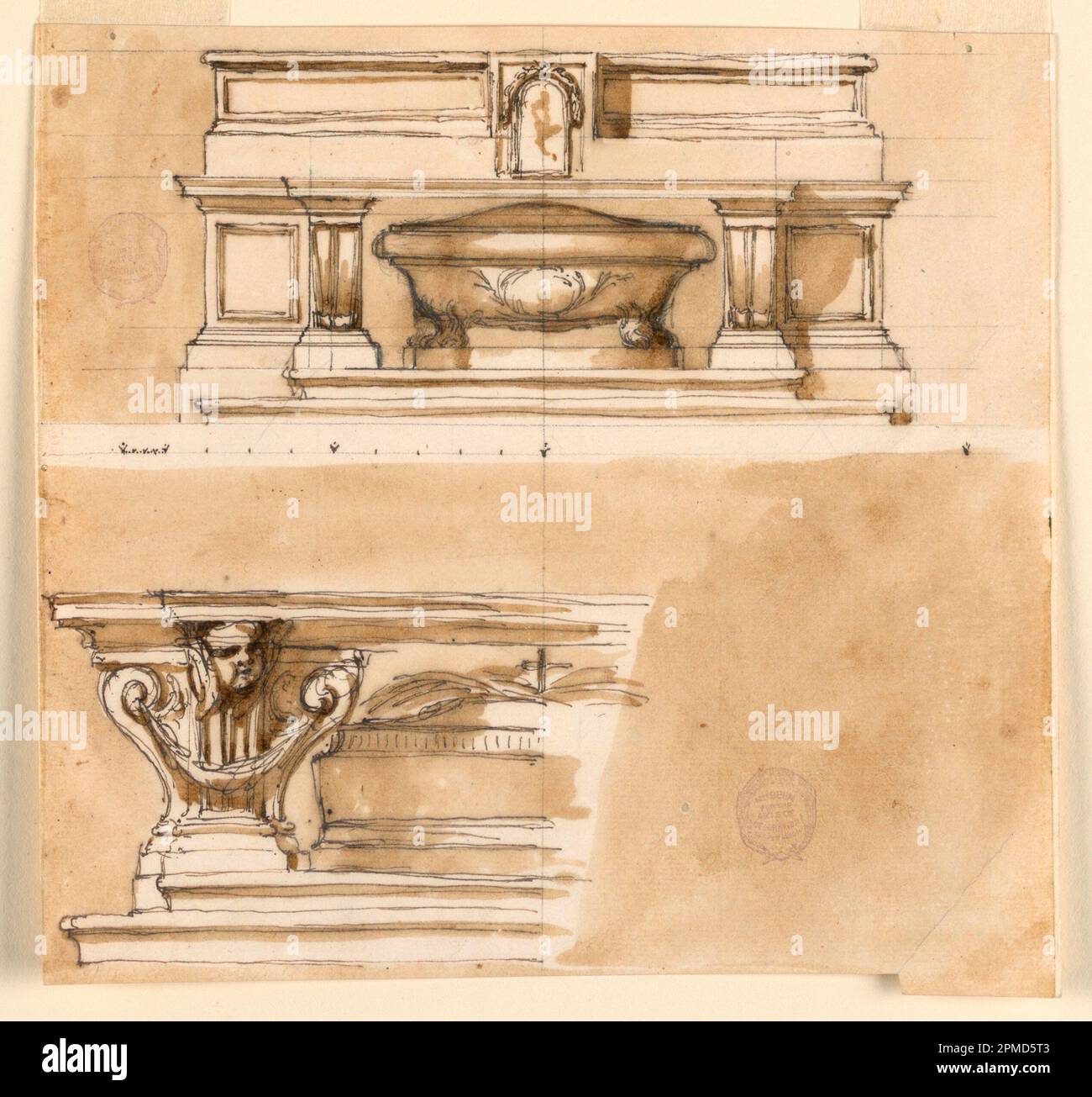 Dibujo, dos proyectos para un altar mensa; Arquitecto: Giuseppe Barberi (italiano, 1746-1809); Italia; pluma y tinta marrón, pincel y lavado marrón; Imagen: 18,7 x 20,4 cm (7 3/8 x 8 1/16 pulg.) Foto de stock