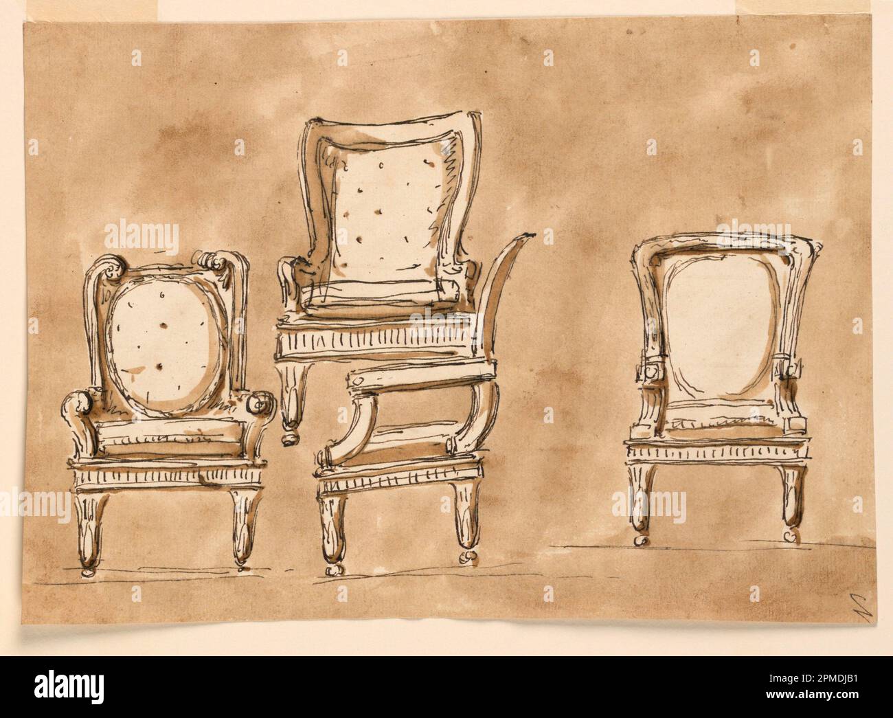 Dibujo, sillas; Arquitecto: Giuseppe Barberi (italiano, 1746-1809); Italia; pluma y tinta marrón, pincel y lavado marrón sobre papel tendido blanquecino, forrado; 18,2 x 26 cm (7 3/16 x 10 1/4 pulg.) Foto de stock