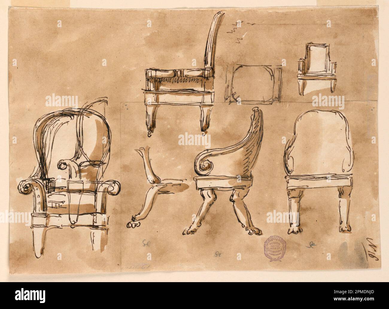 Dibujo, sillas; Arquitecto: Giuseppe Barberi (italiano, 1746-1809); Italia; pluma y tinta marrón, pincel y lavado marrón, grafito, sobre papel; 12,1 x 18,7 cm (4 3/4 x 7 3/8 pulg.) Foto de stock