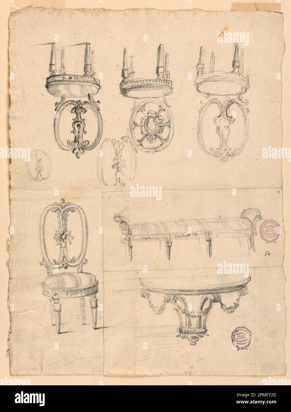 Dibujo, sillas y bosquejos arquitectónicos; Arquitecto: Giuseppe Barberi (italiano, 1746-1809); Italia; grafito sobre papel tendido blanquecino; Imagen: 8,2 x 14,5 cm (3 1/4 x 5 11/16 pulg.) Foto de stock