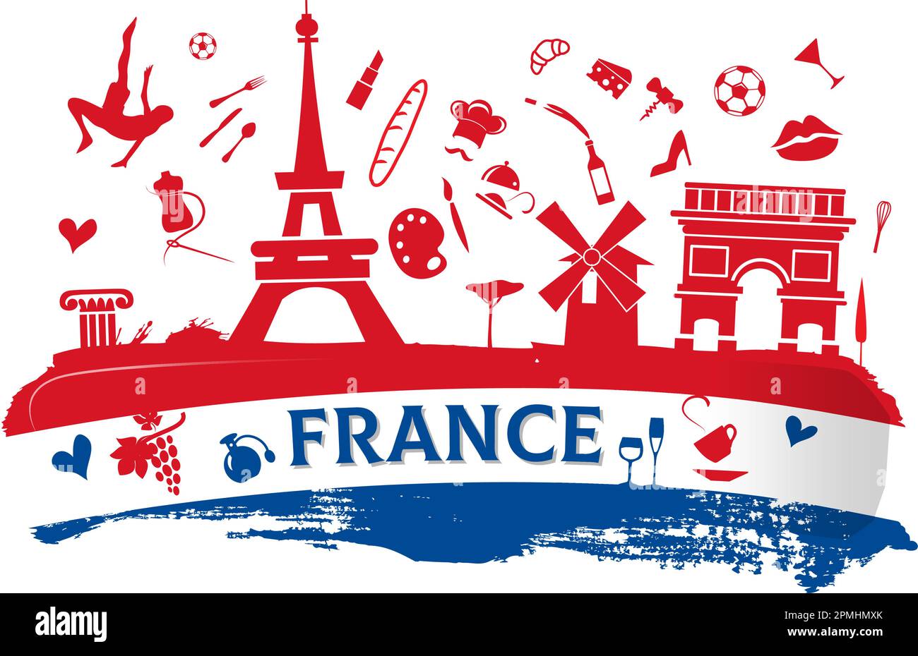 bandera de viaje de francia con icono y monumentos en la bandera Ilustración del Vector