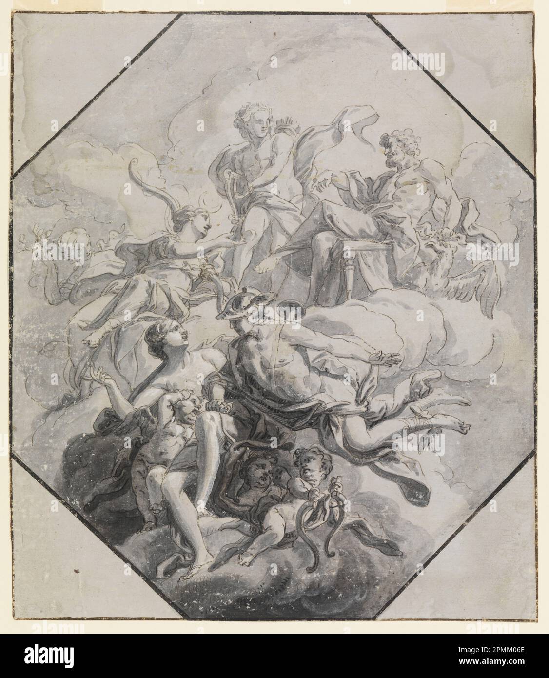 Dibujo, diseño para una pintura de techo sobre el tema del Olimpo; posiblemente por Antonio Manno (italiano, 1752 - 1831), Francesco Manno (italiano, 1754 - 1831); Italia; pincel y gouche negro y gris, pluma y tinta negra, tiza negra, gouache blanco sobre papel; 29,6 x 25,5 cm (11 5/8 x 10 1/16 pulg.) Foto de stock