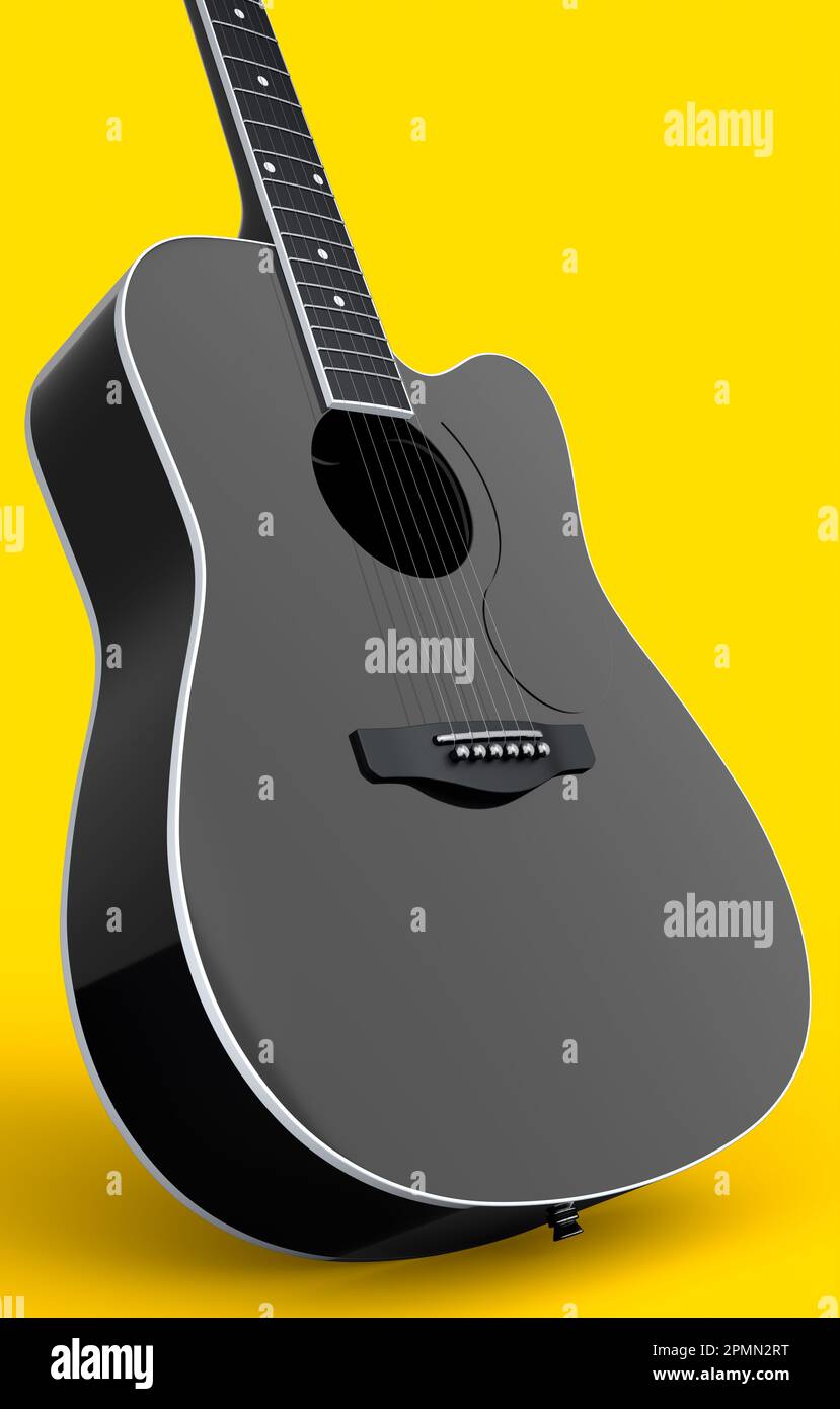 Primer plano de la guitarra acústica aislada sobre fondo amarillo. 3d  render de concepto para el cartel del festival de rock con guitarra española  para la tienda de música Fotografía de stock -