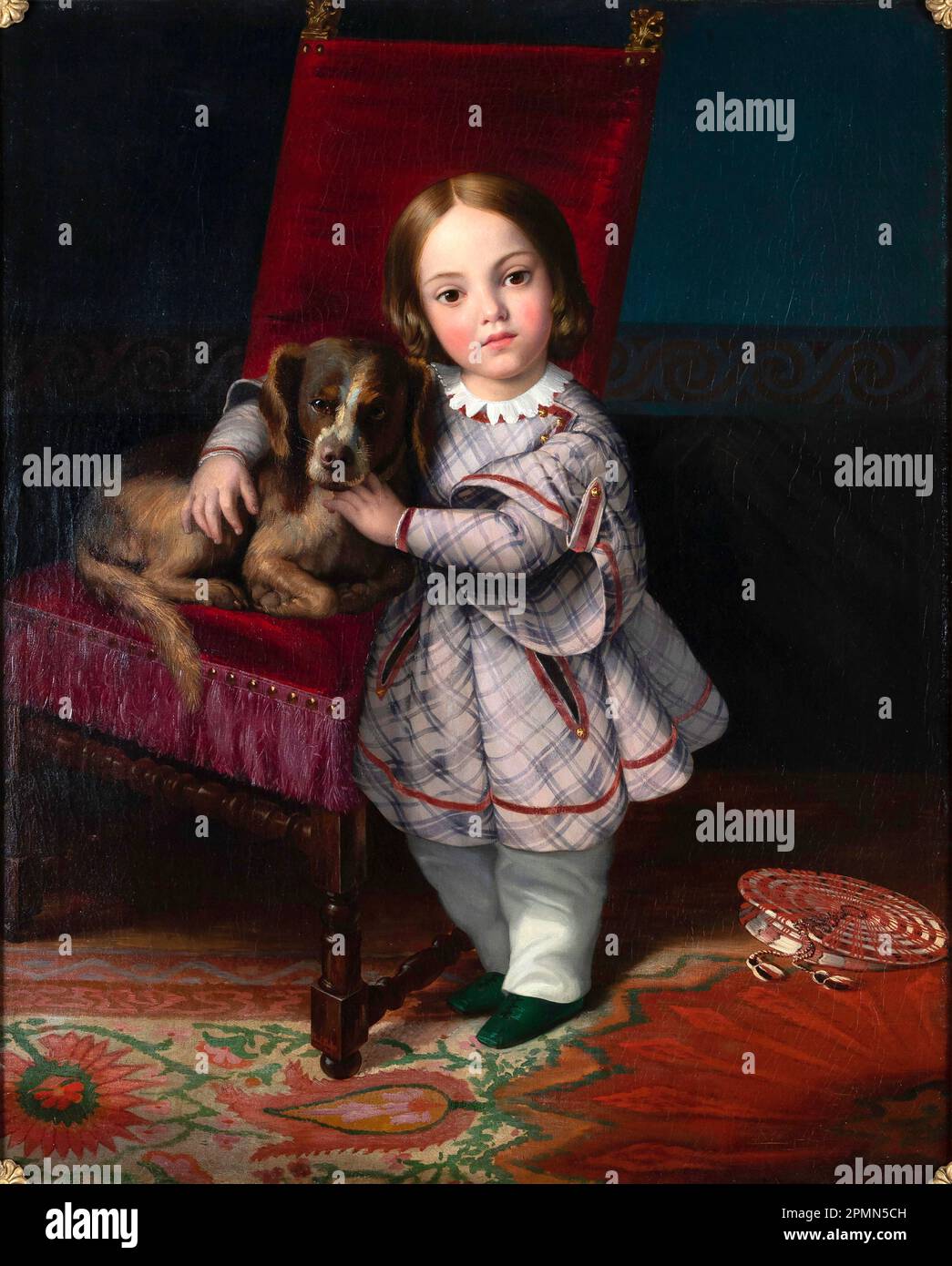 Retrato presunto de Vittoria Balze por Balze, Jean-Paul-Etienne 1845 - Retrato de una niña en un vestido de cuadros, una gorra colocada en el suelo; ella está apoyada contra un sillón en el que descansa un perro que encierra en sus brazos. Foto de stock