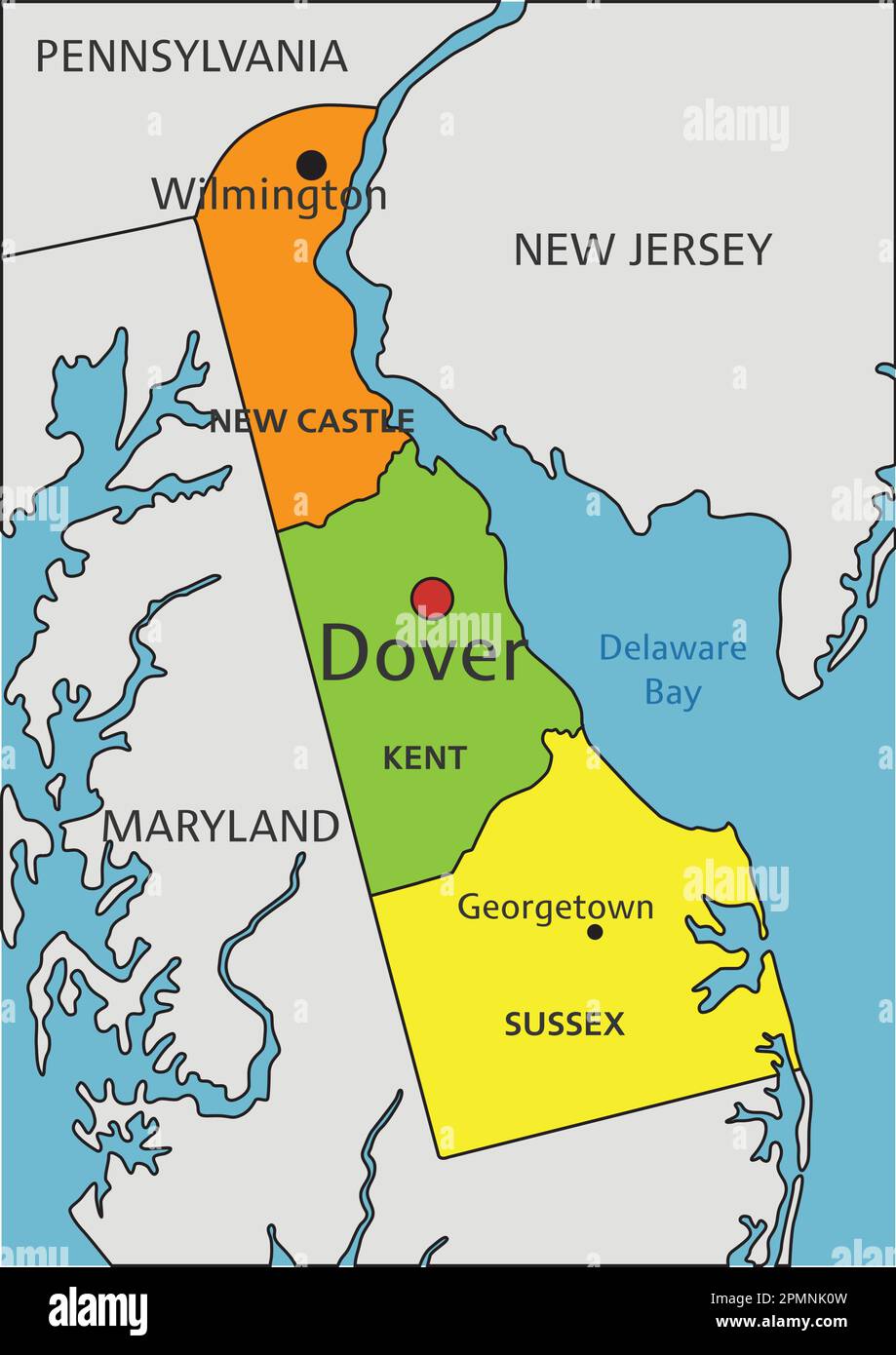 Colorido mapa político de Delaware con capas claramente etiquetadas y