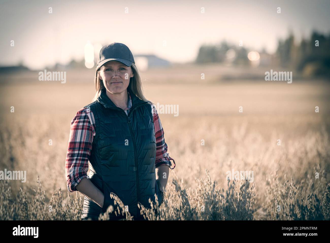 Retrato de cerca de una mujer de granja madura de pie en un campo de granos, posando para la cámara durante la cosecha al atardecer con una sensación vintage Foto de stock