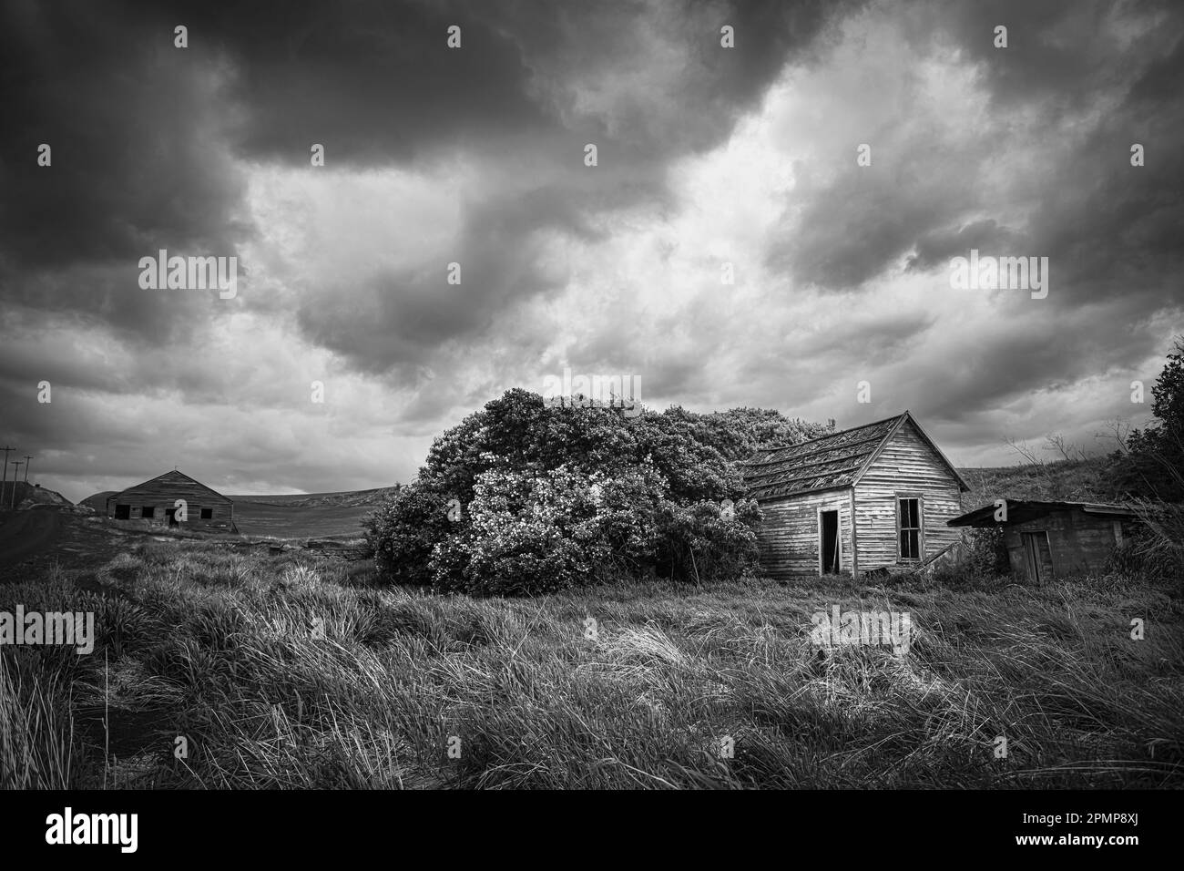 Imagen en blanco y negro de una casa vieja y espeluznante abandonada bajo nubes meteorológicas amenazantes en el este de Washington, EE.UU Foto de stock