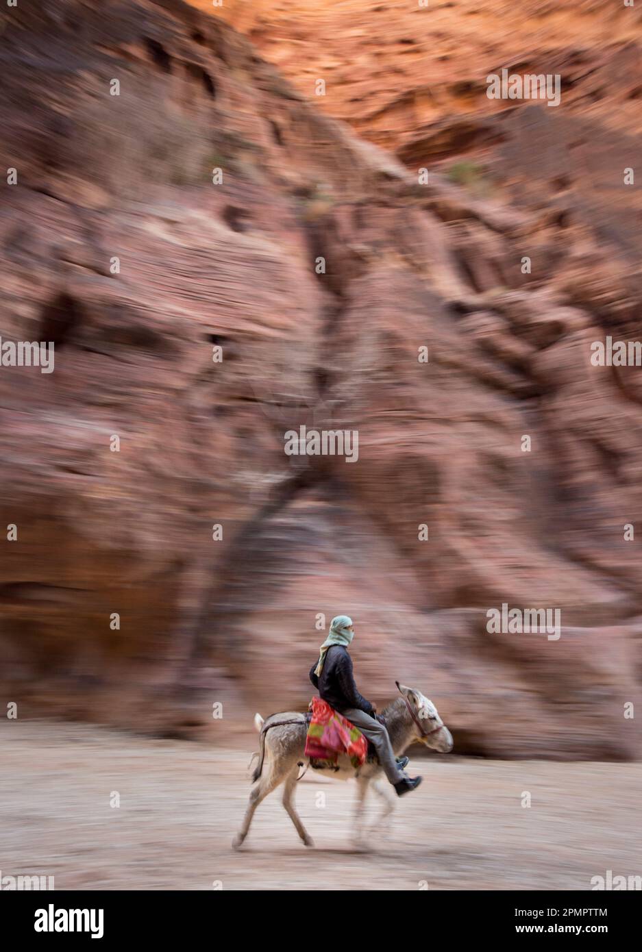 Un hombre va en burro rodeado por altos acantilados en Petra. Foto de stock