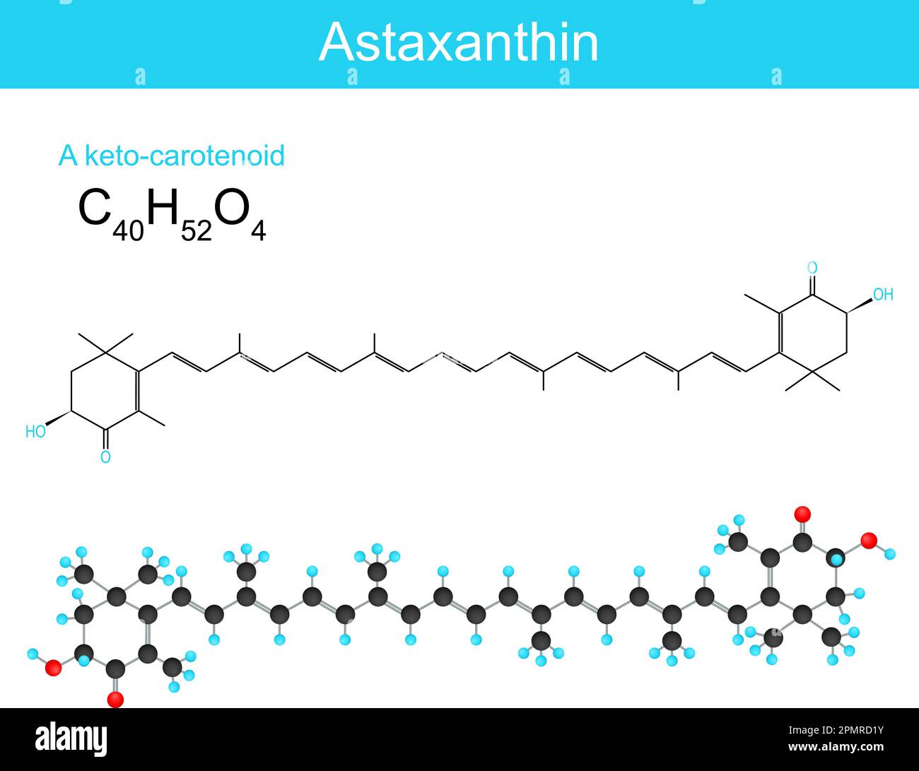 Astaxantina. fórmula estructural química molecular y modelo de ketocarotenoide. Ilustración