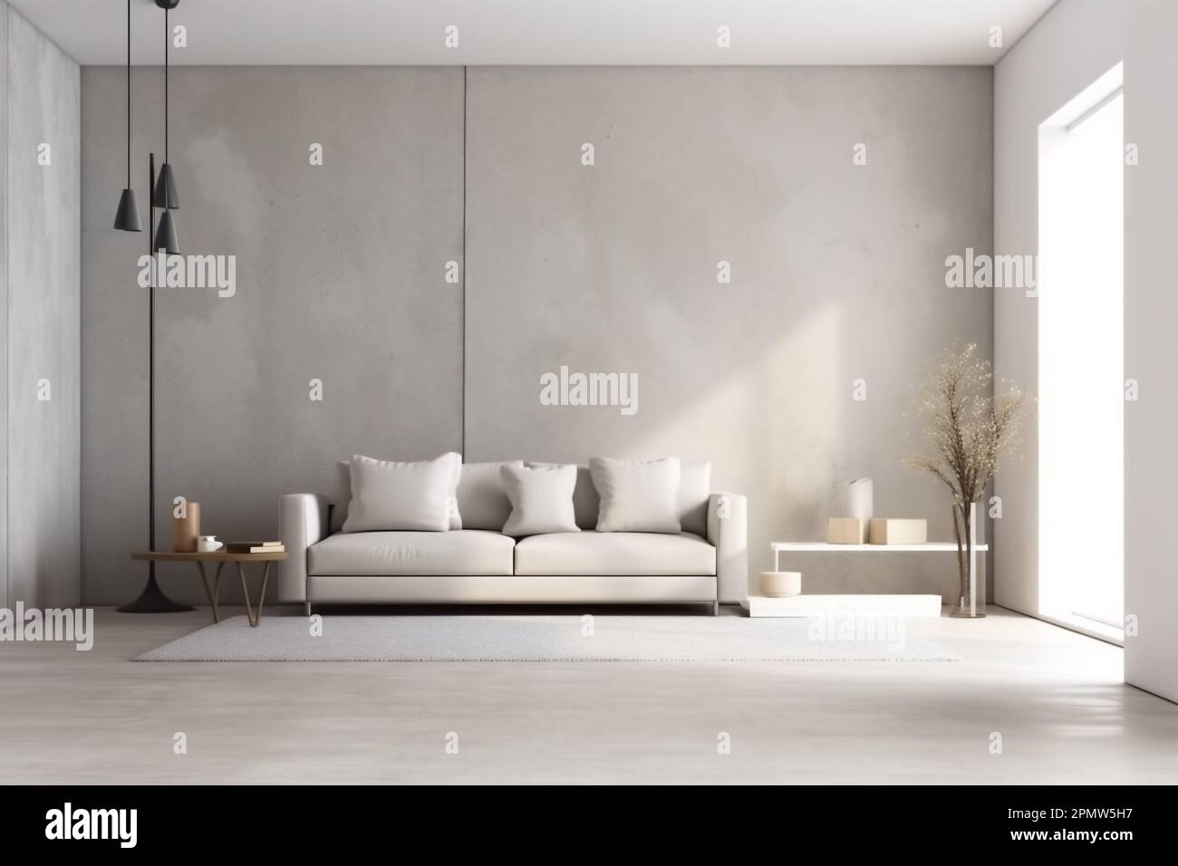 interior casa simple piso con estilo de pared de hormigón de moda decoración  verde estilo de vida sofá lámpara de luz. IA generativa Fotografía de stock  - Alamy