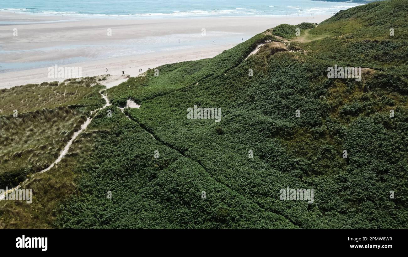 Una ladera cubierta de plantas en la orilla del Océano Atlántico, vista superior. Hermoso paisaje costero irlandés. Foto de stock