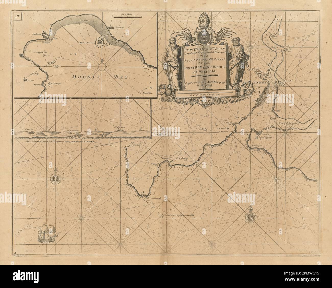 Carta marítima de FOWEY & MOUNTS BAY. A cargo de Polruan Bodinnick Penzance. COLLINS 1693 viejo mapa Foto de stock