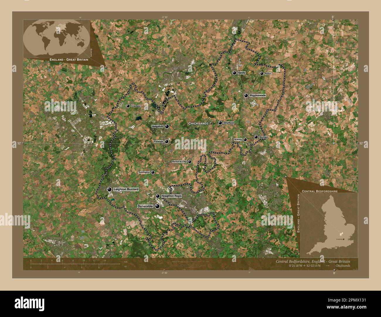 Central Bedfordshire, condado administrativo de Inglaterra - Gran Bretaña. Mapa satelital de baja resolución. Ubicaciones y nombres de las principales ciudades de la región Foto de stock