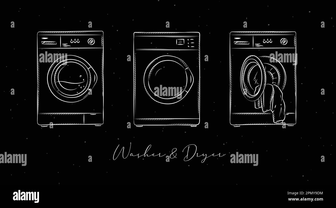 Lavadora y secadora para ropa limpia dibujo en estilo gráfico sobre fondo  negro Imagen Vector de stock - Alamy