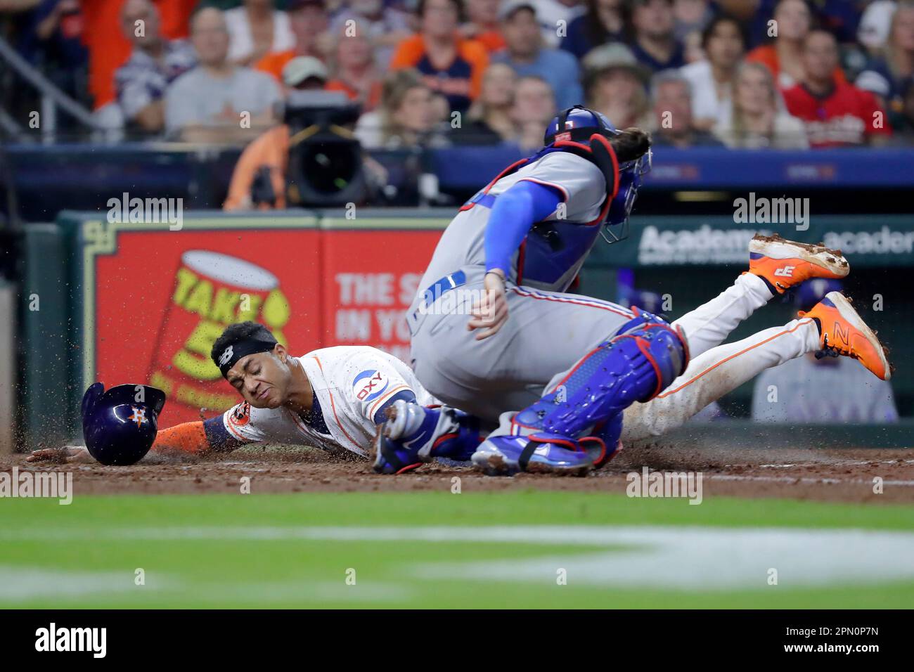 Houston Astros' Jeremy Pena, left, and Mauricio Dubon smile during batting  practice before a baseball game against the Philadelphia Phillies Friday,  April 28, 2023, in Houston. (AP Photo/David J. Phillip Stock Photo 