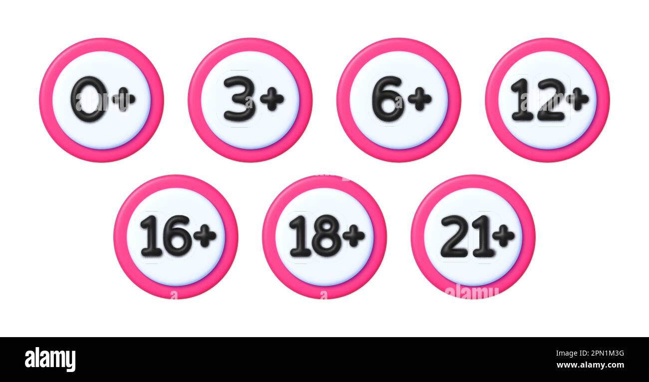 Signo de límite de edad establecido en estilo 3D. Solo contenido para adultos Restricción de edad 0, 3, 6,12, 14, 16, 18, más de 21 años de edad 3D iconos. Ilustración del Vector