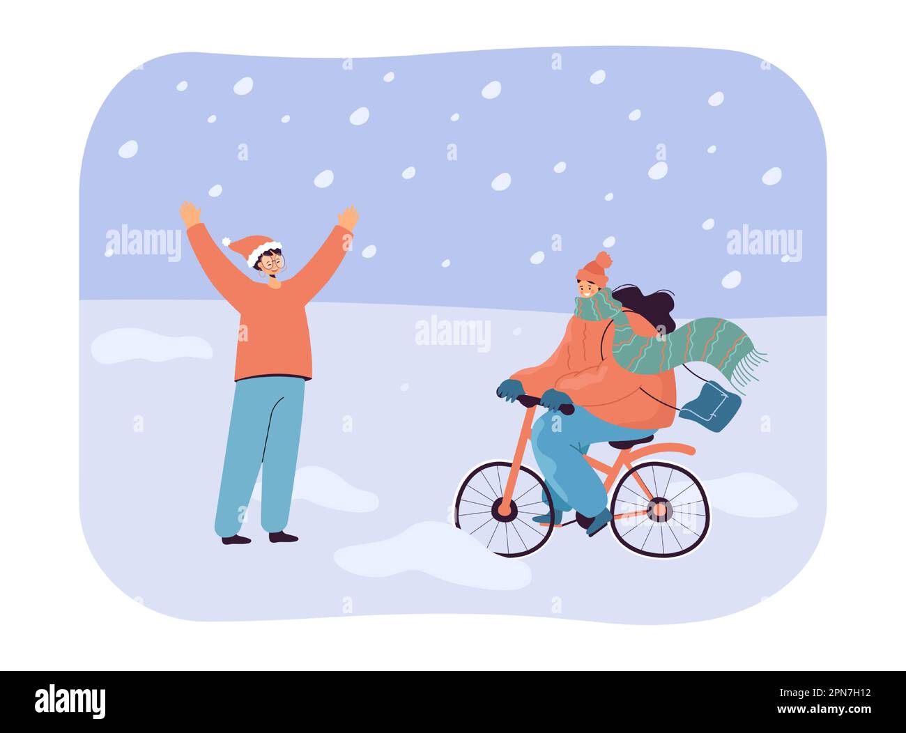 Mujer animando a amigo montando bicicleta en carretera nevada Ilustración del Vector