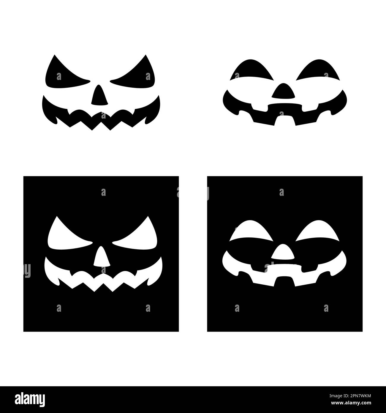 Pumpkin Scary Faces establece iconos. Silueta de calabazas negras y naranjas. Helloween vacaciones de otoño. Ilustración vectorial colorida aislada en backgrou blanco Ilustración del Vector