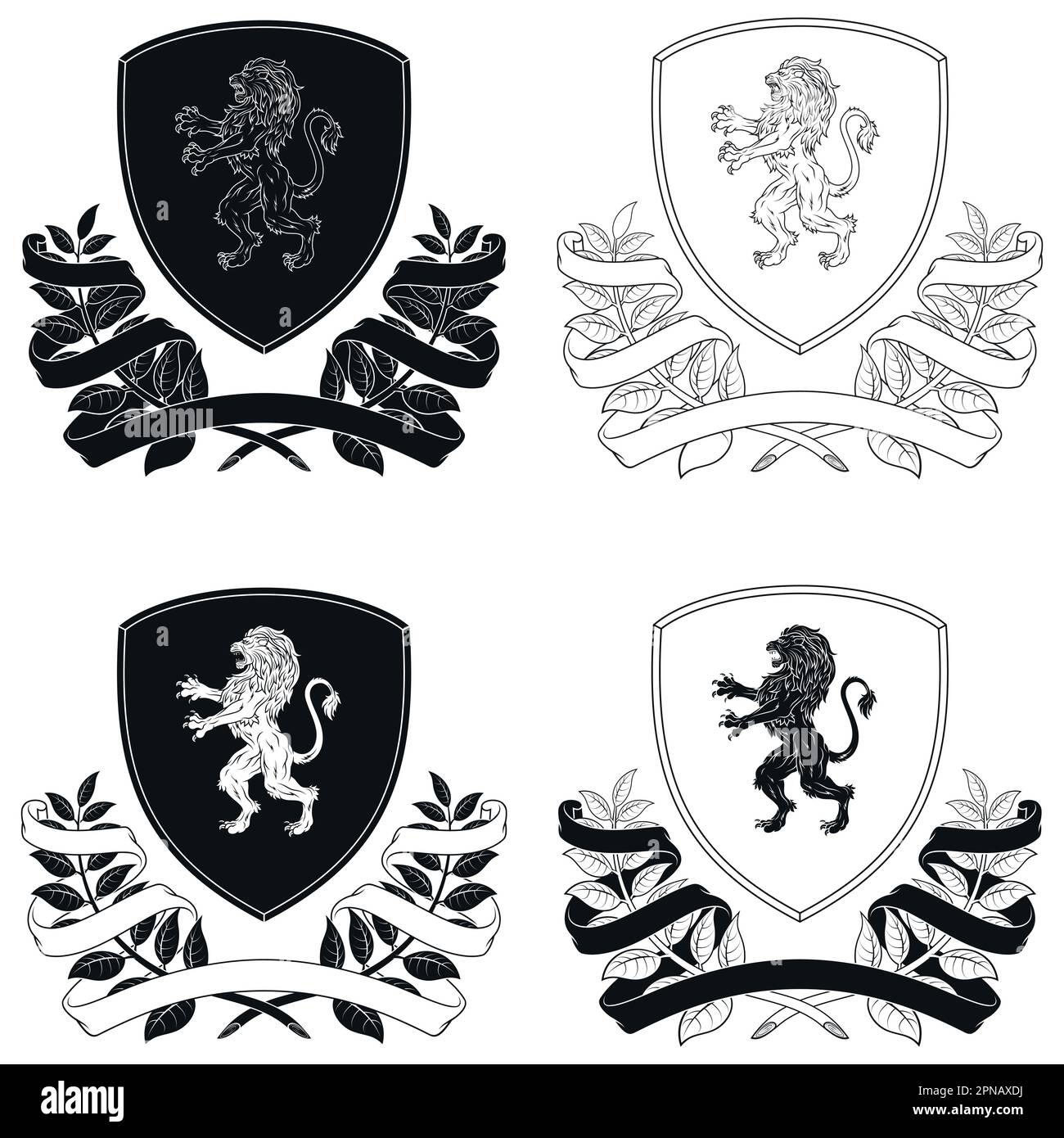 Diseño vectorial de escudo heráldico de la Edad Media, escudo noble de la monarquía europea con león rampante, corona de laurel y cinta Ilustración del Vector