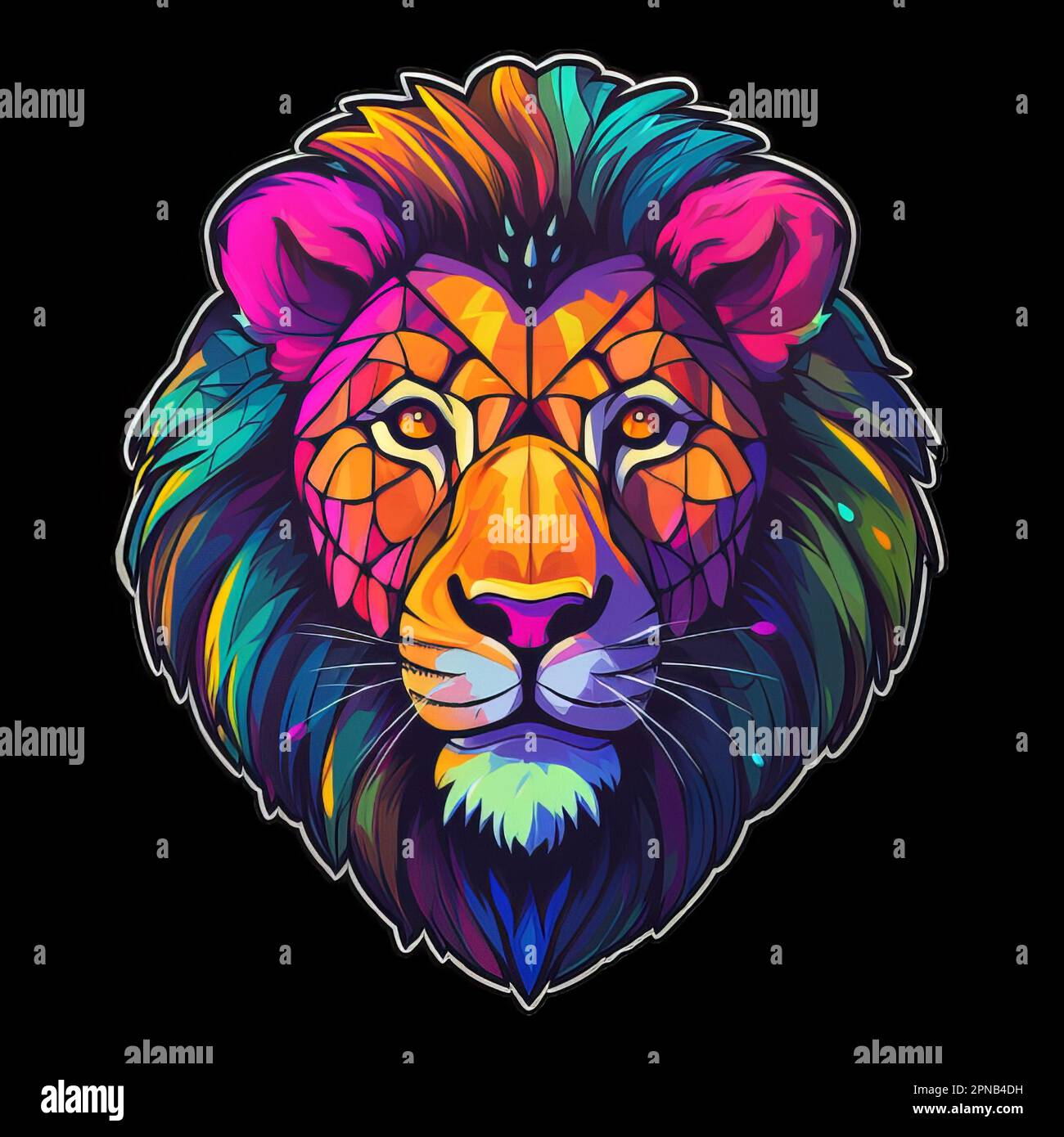Una ilustración generada por la IA de La cabeza de Un león vibrante con una  melena multicolor y acentos emplumados aparece en esta imagen Fotografía de  stock - Alamy