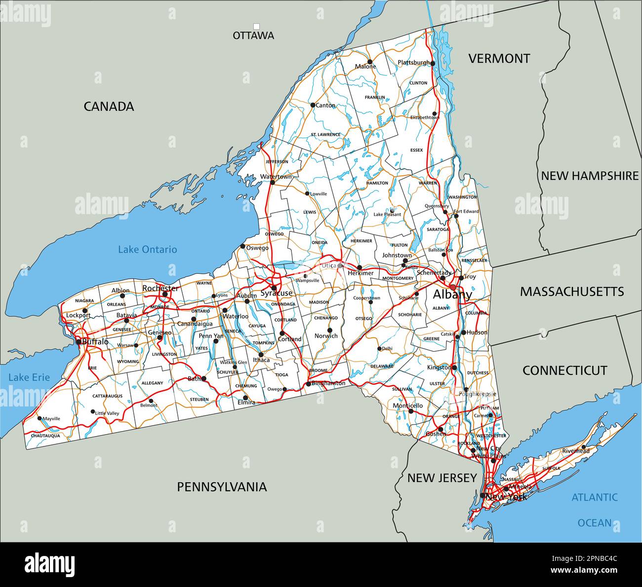 Hoja de ruta de Nueva York detallada con etiquetado. Ilustración del Vector