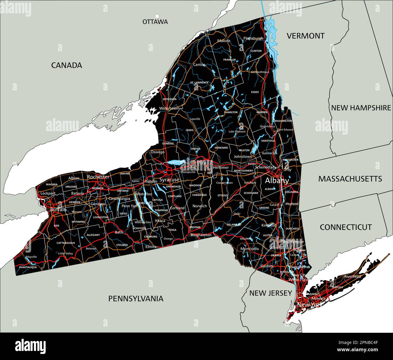 Hoja de ruta de Nueva York detallada con etiquetado. Ilustración del Vector