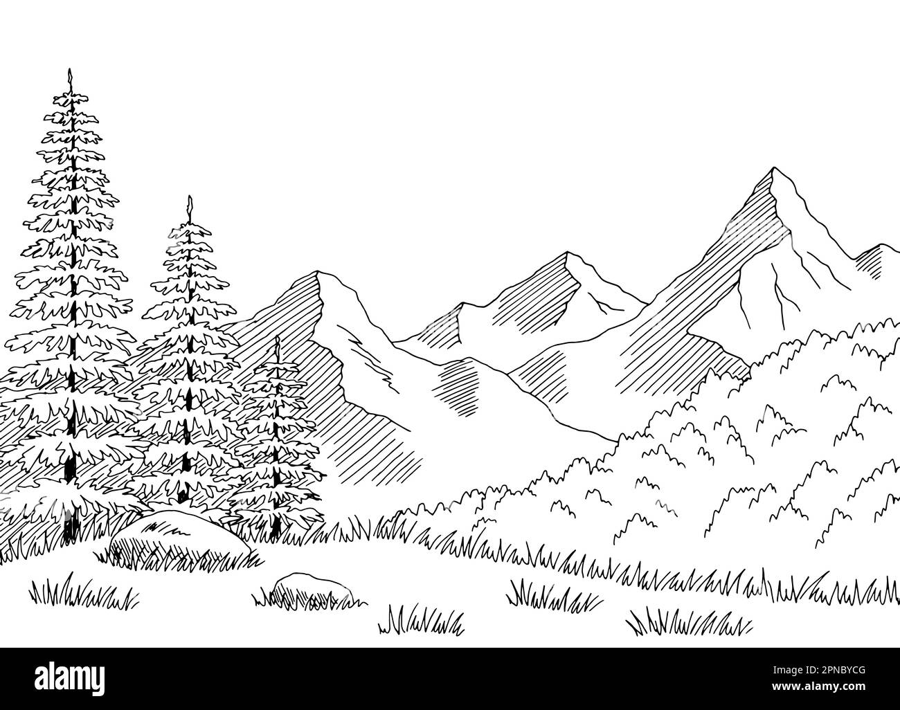 Taiga bosque montañas colina gráfico paisaje blanco negro ilustración vectorial Ilustración del Vector