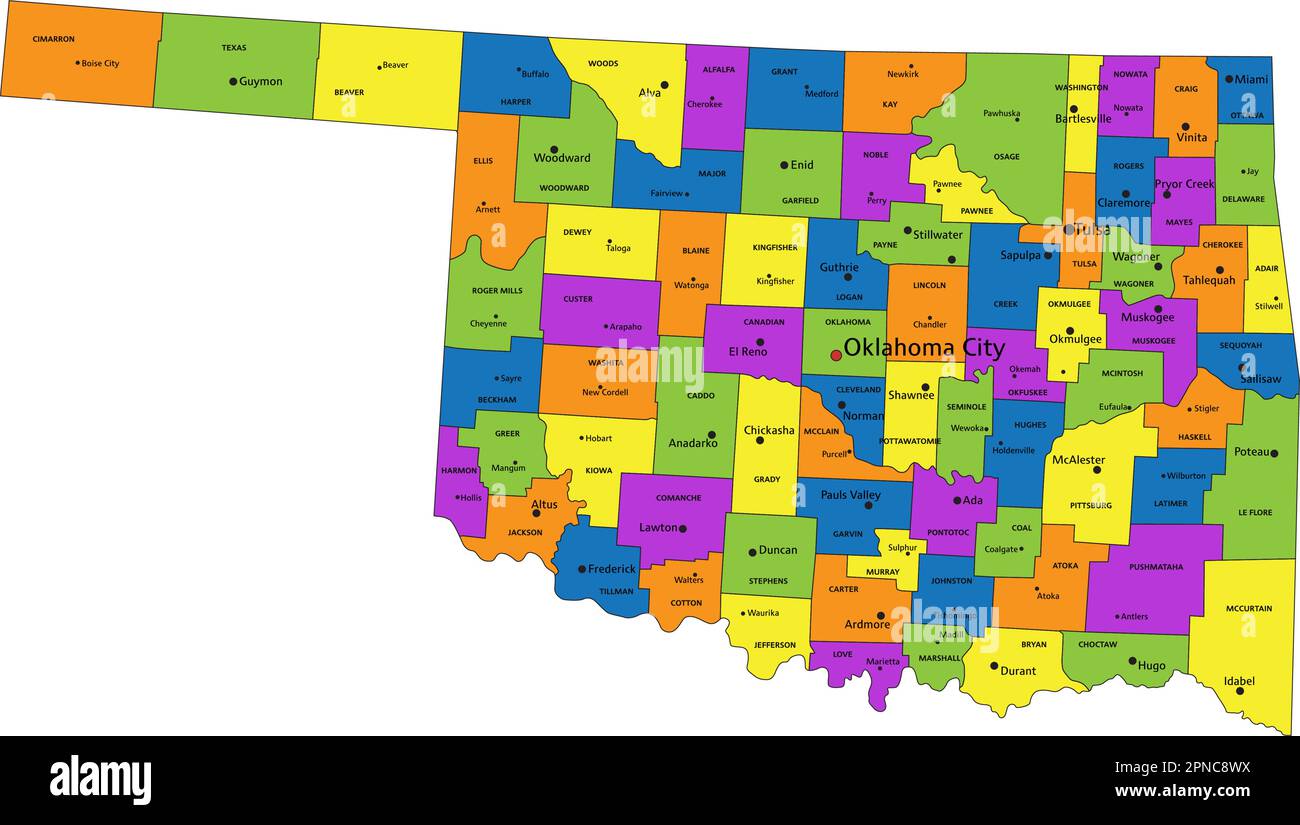 Colorido mapa político de Oklahoma con capas claramente etiquetadas y
