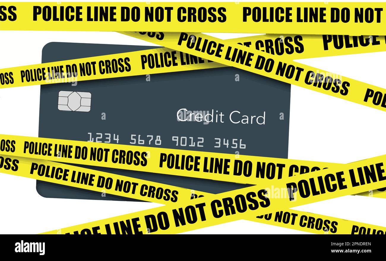 La cinta de la escena del crimen se ve sobre una tarjeta de crédito perdida o robada como una metáfora para el robo de una tarjeta. Este es un vector. Ilustración del Vector