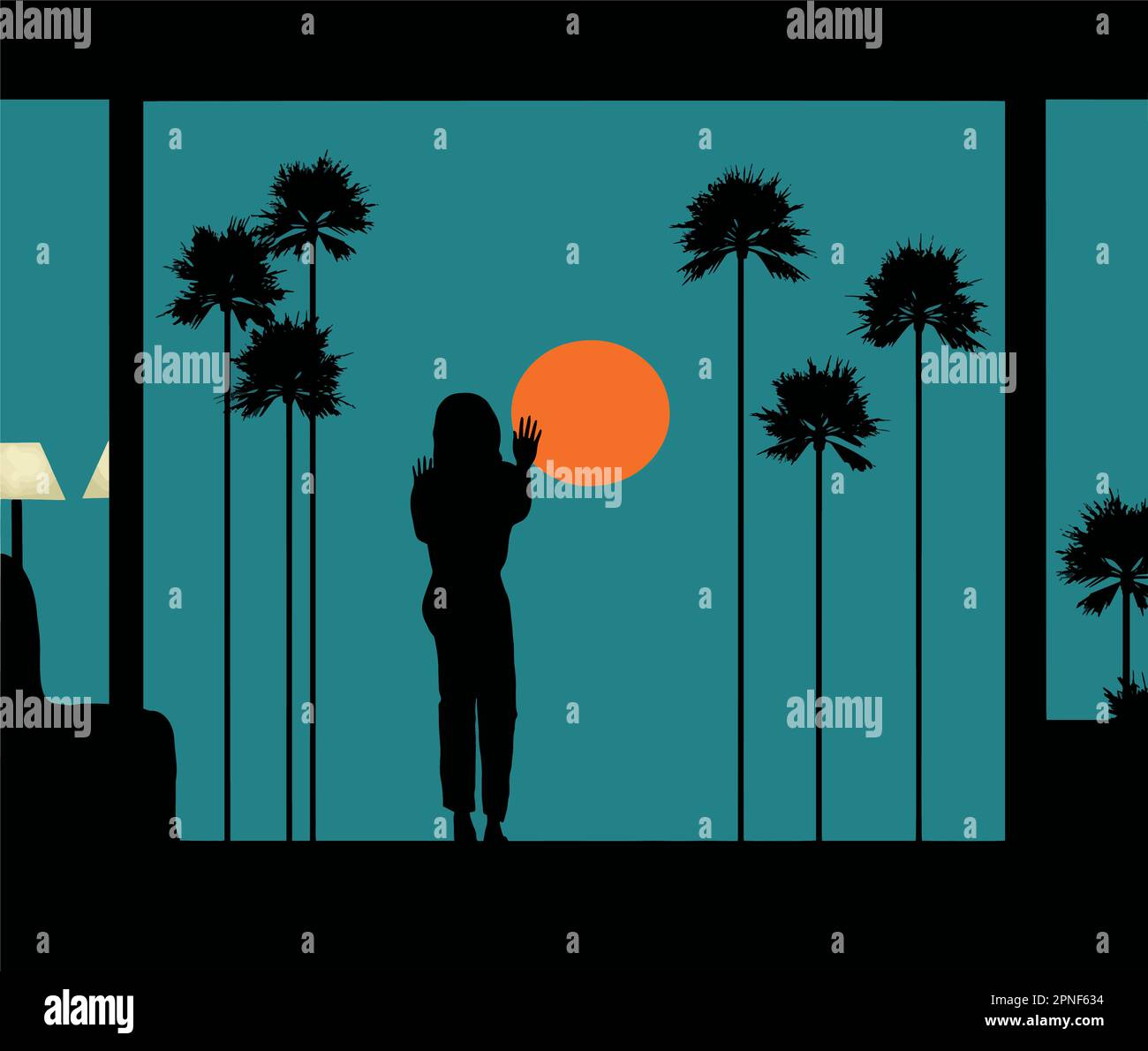 Una mujer mira por una enorme ventana de imagen en su casa para ver las