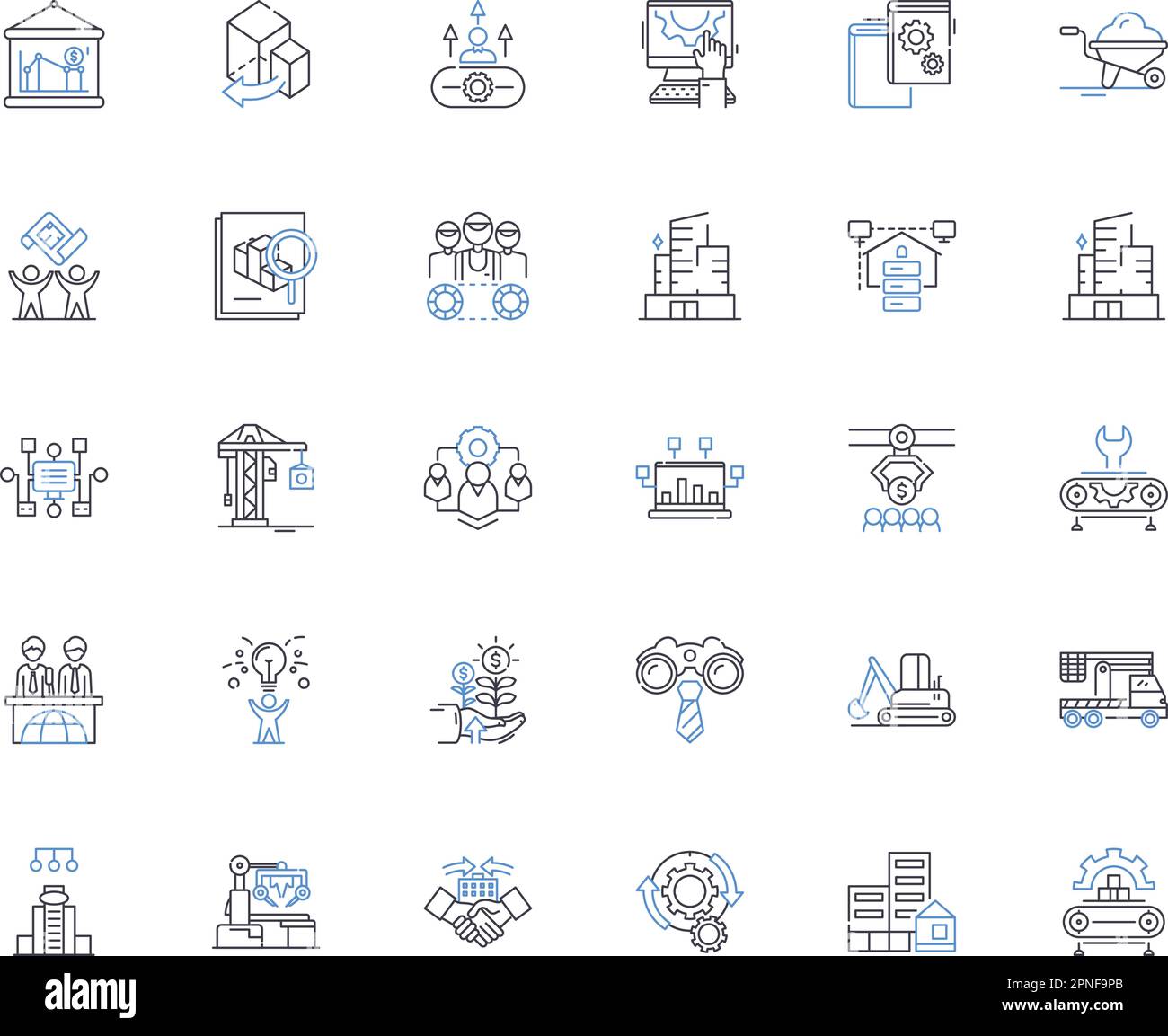 Línea de montaje colección de iconos. Automatización, producción en masa, eficiencia, productividad, fabricación, Robótica, transportador vectorial y lineal Ilustración del Vector