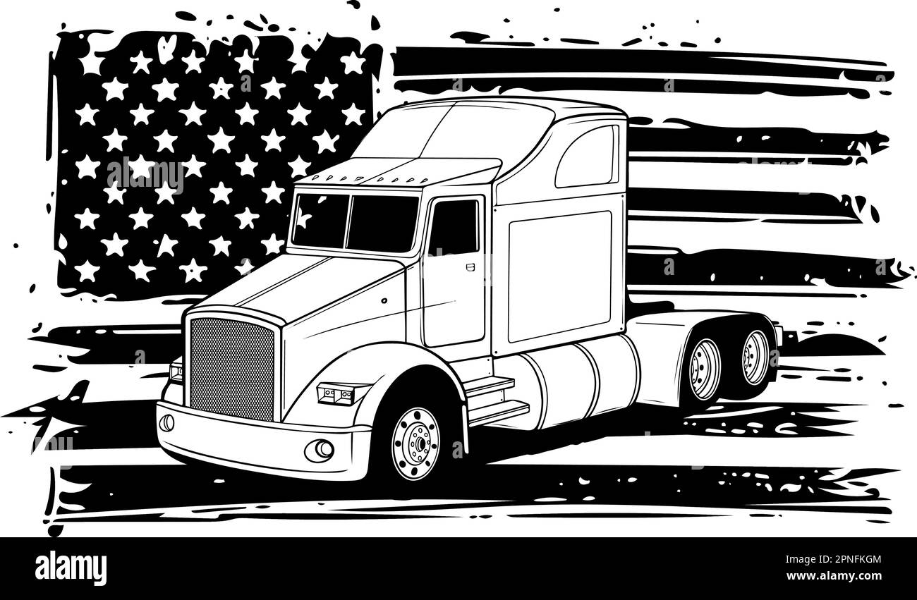Ilustración vectorial de semi camión monocromo con bandera de ee.uu. Ilustración del Vector