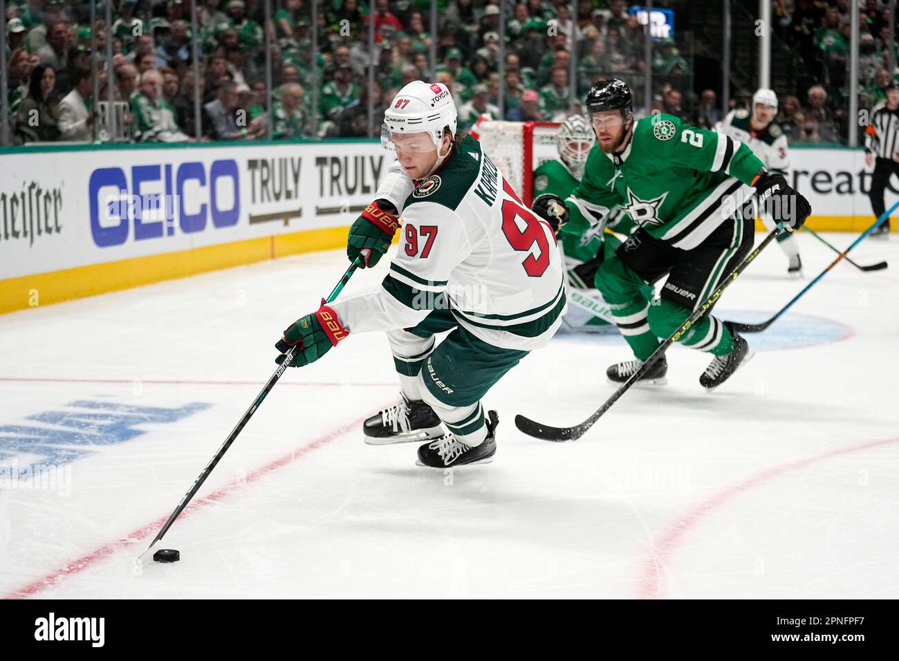 Minnesota Wild left wing Kirill Kaprizov (97) controls the puck in