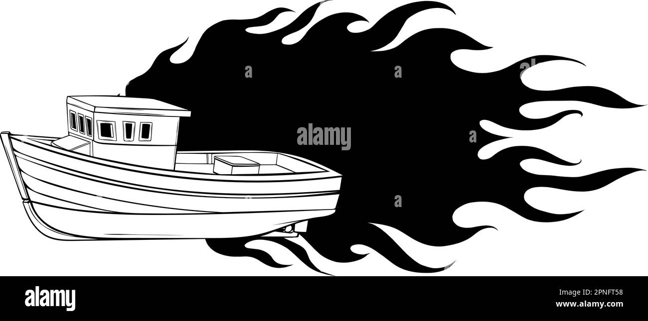 dibujo de barco de pescado en línea sobre fondo blanco, rasguño aislado, vector Ilustración del Vector