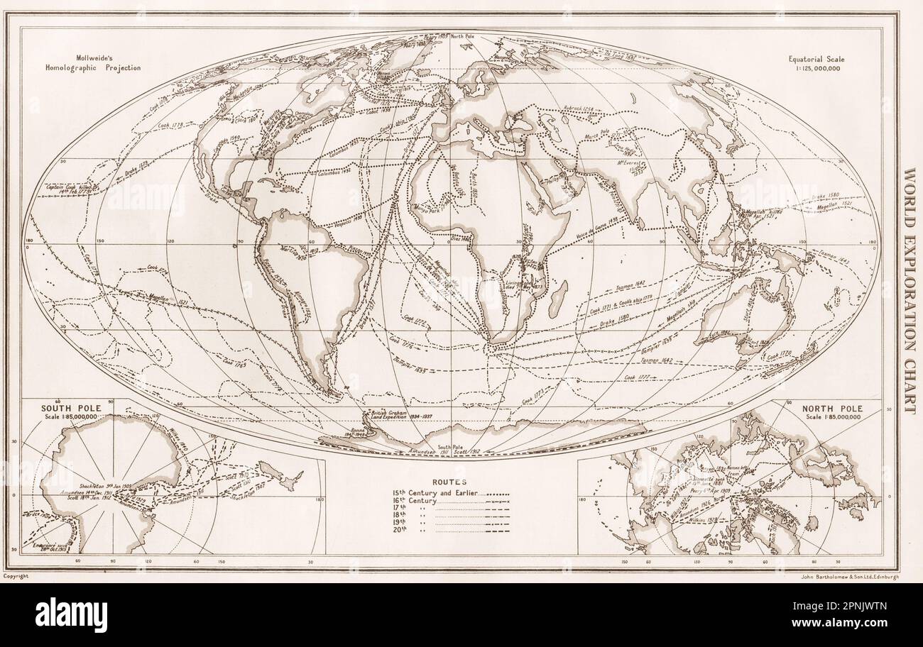 EXPLORACIÓN DEL MUNDO. Las rutas de los exploradores datan de siglos. BARTHOLOMEW 1952 mapa antiguo Foto de stock