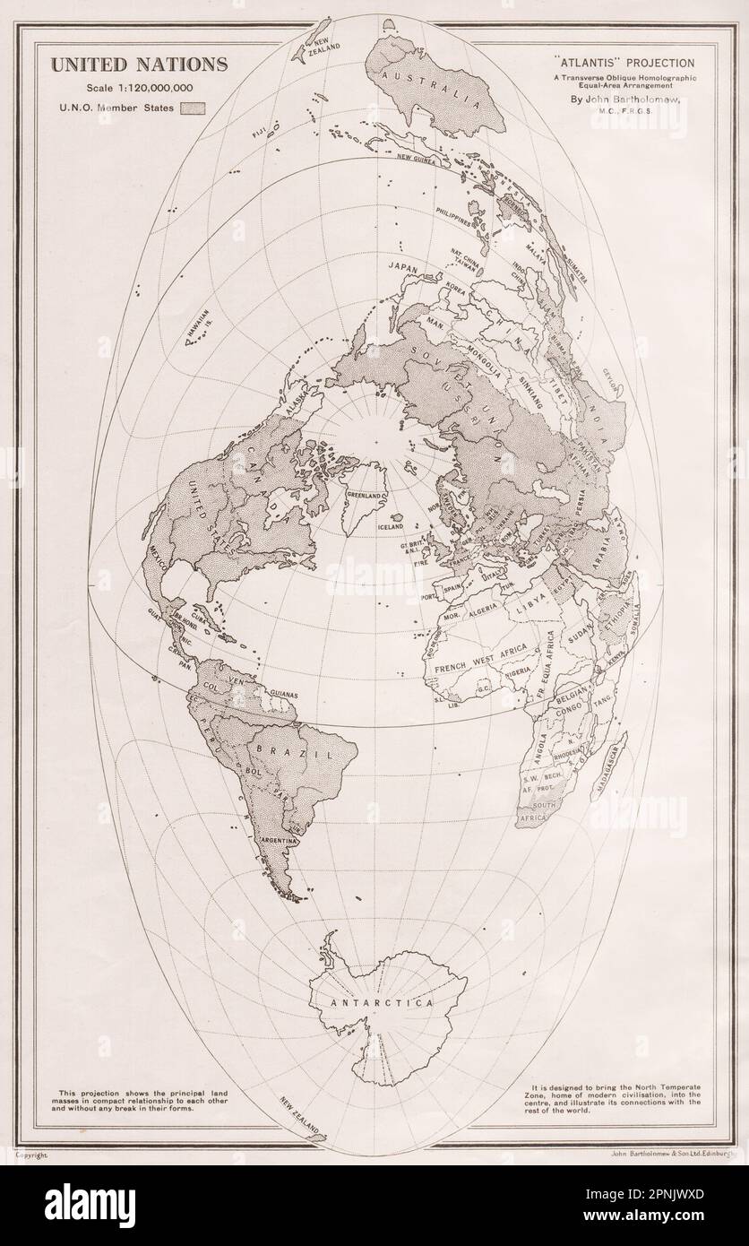 MUNDO (PROYECCIÓN ATLÁNTIDA). Estados miembros de las Naciones Unidas. BARTHOLOMEW 1952 mapa Foto de stock