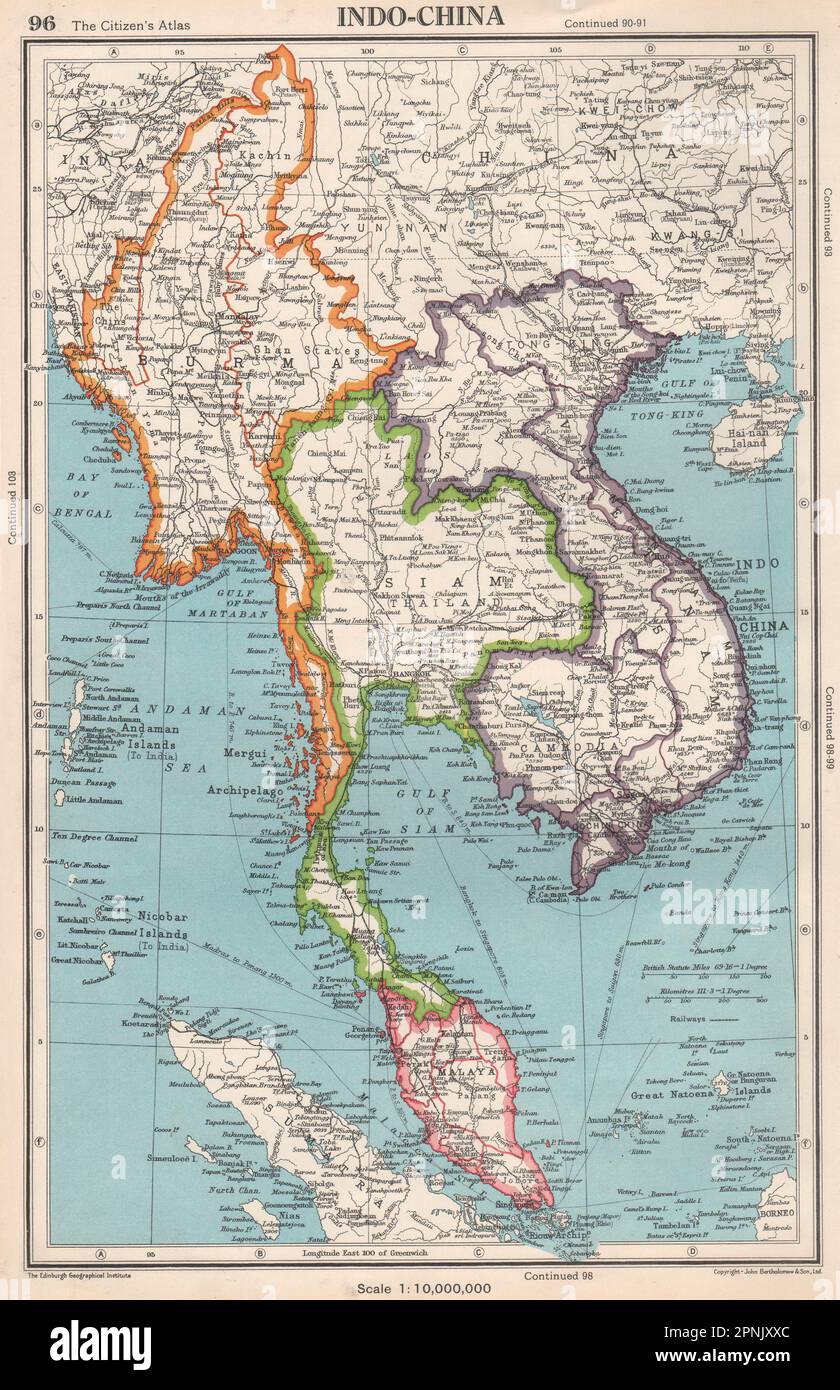 INDOCHINA. Birmania Siam Indochina Malaya francesa. BARTHOLOMEW 1952 mapa antiguo Foto de stock