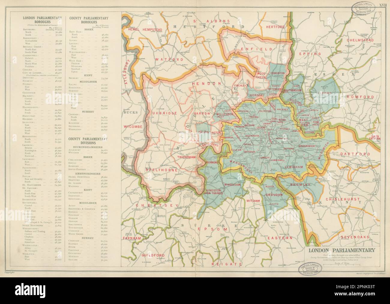 Distritos PARLAMENTARIOS DEL GRAN LONDRES # electores. BACON 1934 mapa Foto de stock