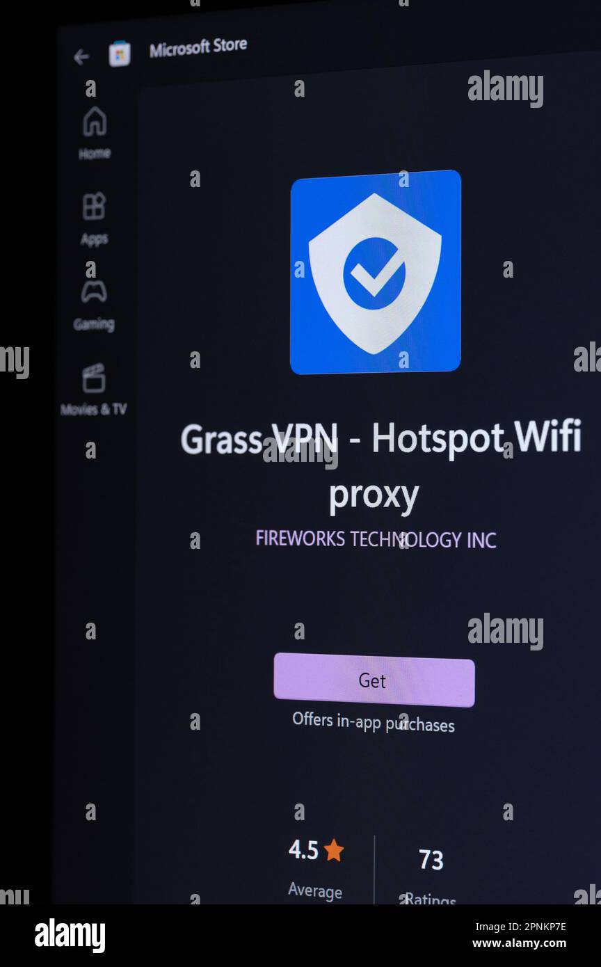 Nueva york, EE.UU. - 18 de abril de 2023: La aplicación Grass VPN para el punto de acceso wifi en la pantalla de la computadora vista de cerca Foto de stock