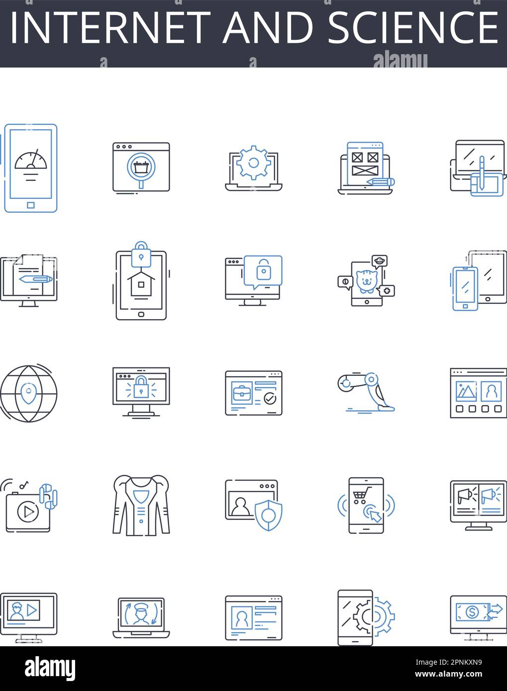 Internet y colección de iconos de línea de ciencia. Nternet, Web, Net, Ciberespacio, En línea, Mundo digital, vector de supercarretera de información y lineal Ilustración del Vector