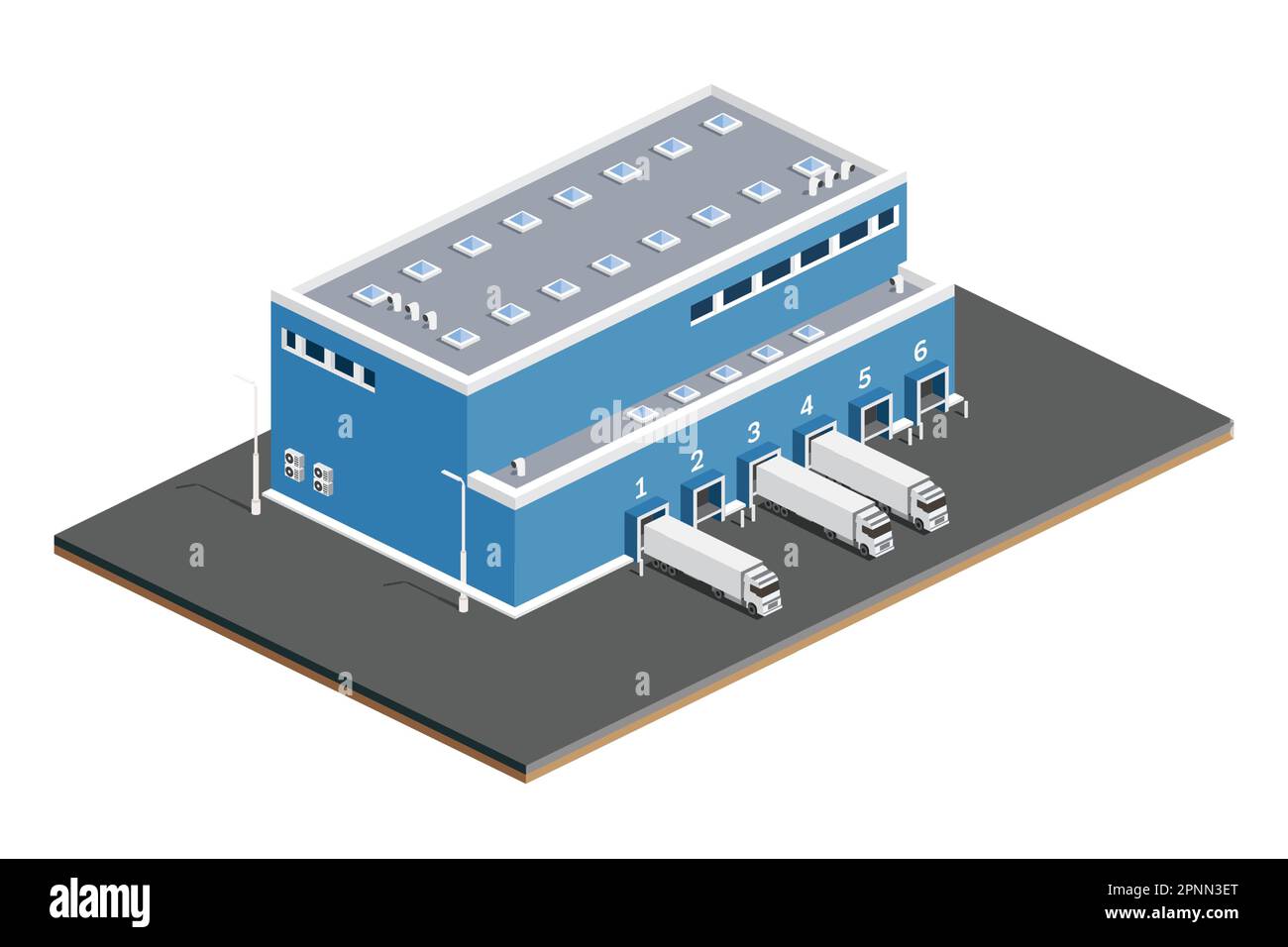 Centro Logístico de Distribución Isométrica. Instalaciones de almacenamiento de almacén con camiones aislados sobre fondo blanco. Ilustración vectorial. Ilustración del Vector