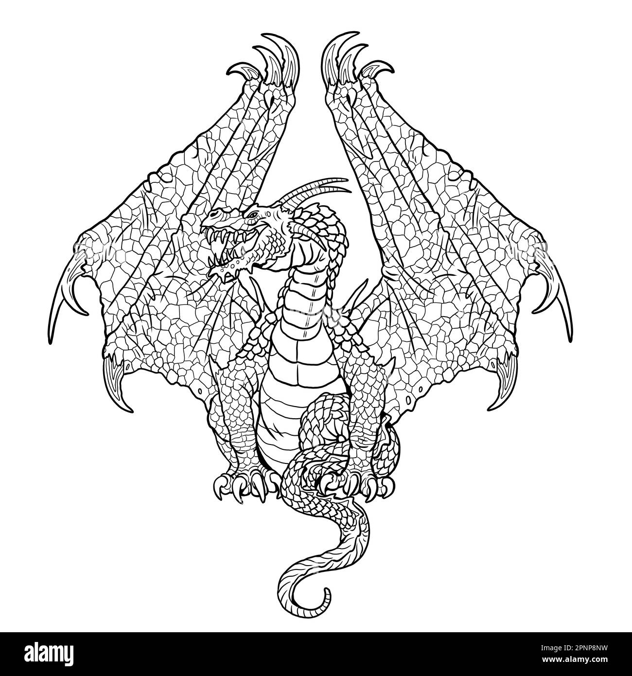 Dragón página para colorear. Ilustración de fantasía con criatura mítica. Dibujo de dragón hoja para colorear. Foto de stock