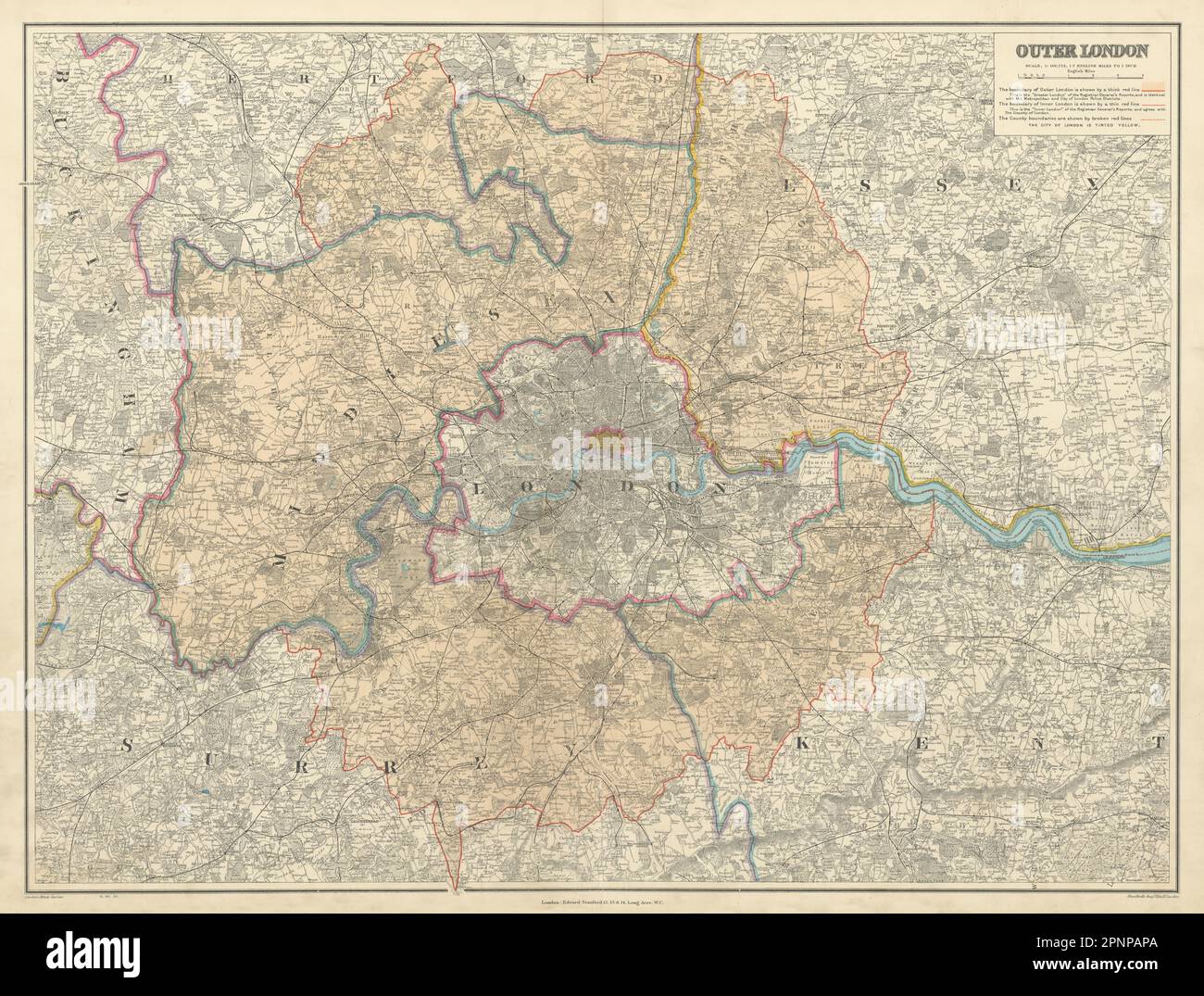 Exterior [Gran] Londres. Área de Policía Metropolitana. 54x72cm. Mapa de STANFORD 1904 Foto de stock